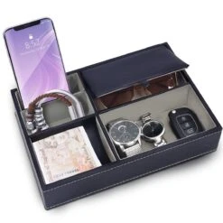 Belle Vous Zwart Faux Leren 5 Compartimenten Valet Nachtkastje Organizer Tray – Bureau Opslag Doos Voor Beurs, Telefoon, Sleutels, Sieraden, Accessoires, Geld, Armbanden – Allesvanger Naast Het Bed