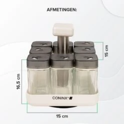 Coninx Kruidenrek Staand - Draaiend Kruidenrek Met Glazen Potjes - Kruidencarrousel Draaibaar - 8 Kruidenpotjes - Wit / RVS -Thuisopslag 1200x1200 338