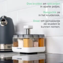 Coninx Kruidenrek Staand - Draaiend Kruidenrek Met Glazen Potjes - Kruidencarrousel Draaibaar - 8 Kruidenpotjes - Wit / RVS -Thuisopslag 1200x1200 341
