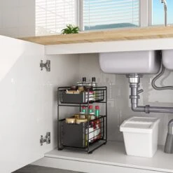 BROËL Organizer – Ladekast - Opbergrek - Aanrecht Organiser – Keuken Organizers - Ladeblok - Kast Organizer - Organizer Lade - Zwart - Ladesysteem - Gootsteen Organizer - Gootsteenkast Organizer - Keukenrek - Tweelaags – Metaal – Antislip -Thuisopslag 1200x1200 602