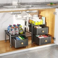 AlShiha® Organizer - Ladekast - (Twee Laags ) - Zwart - Gootsteenkast Organizer - Aanrecht Organiser - Opbergrek - Keukenkast Organizer - Badkamer Organizer -Thuisopslag 1200x1200 611