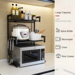 TammaT - Magnetronkast - Keukenrek - Magnetron Bovenkast - Ovenkast - Kruidenrek - Dubbel Laags Keukenkast Voor Boven Magnetron - Breedte Verstelbaar Magnetron Kast - Magnetron Rek - Metaal - Mat Zwart