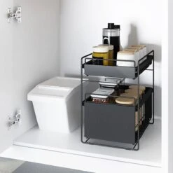 Doogo® Organizer – Ladekast - Opbergrek - Aanrecht Organiser – Keuken Organizers - Ladeblok - Kast Organizer - Organizer Lade - Zwart - Ladesysteem - Gootsteen Organizer - Gootsteenkast Organizer - Keukenrek - Tweelaags – Metaal – Antislip - Zwart -Thuisopslag 1200x1200 759