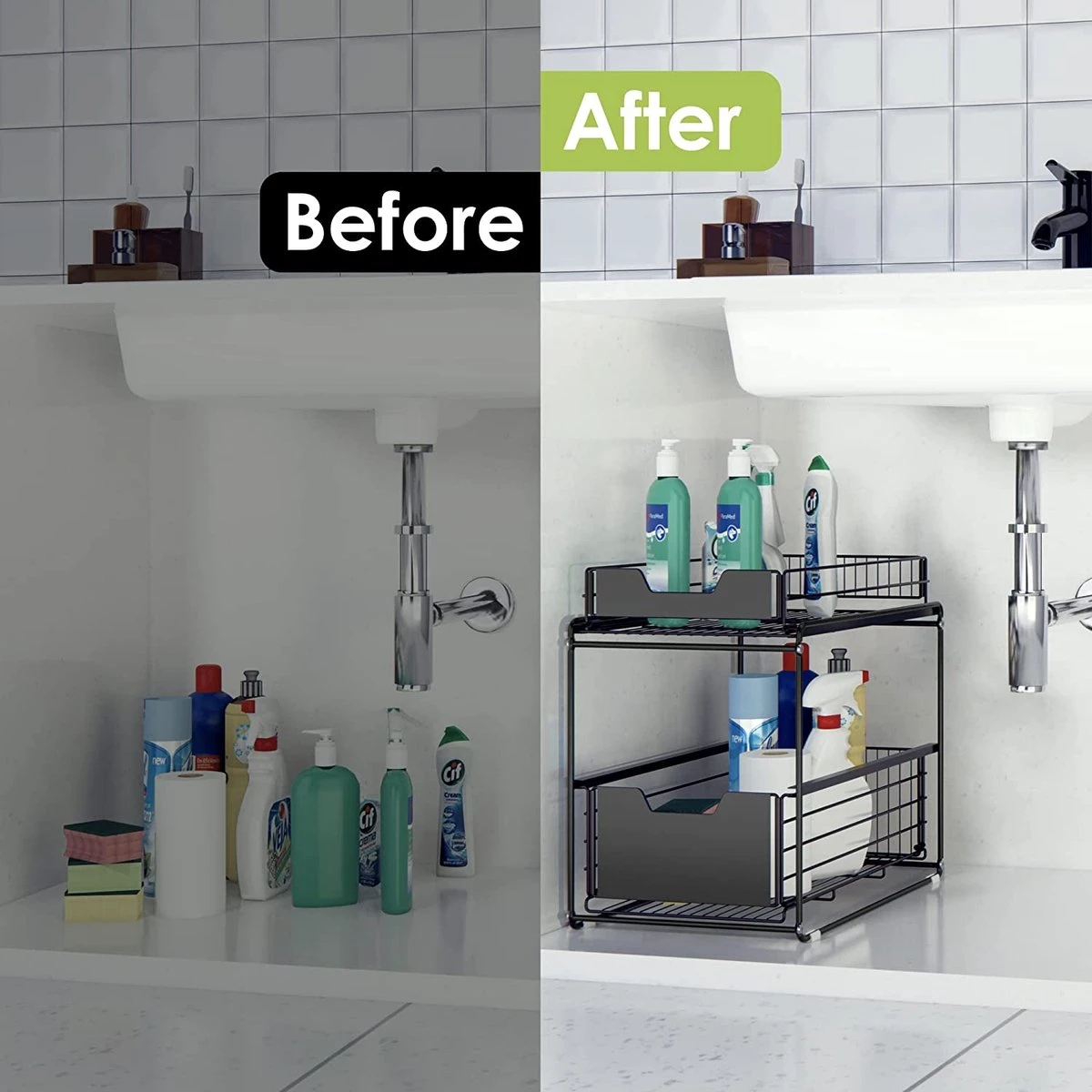 BOTC Organizer - Gootsteenkast Organizer - Opbergrek - Aanrecht Organiser – Keuken Organizers - Tweelaags – Metaal – Antislip 4 BOTC Organizer - Gootsteenkast Organizer - Opbergrek - Aanrecht Organiser – Keuken Organizers - Tweelaags – Metaal – Antislip - Afbeelding 2