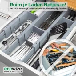 Ecowize Luxe Lade Organizer - Ladeverdeler Verstelbaar 100% Natuurlijk Bamboe - Set Van 4 Ladeverdelers, Uitschuifbaar (43cm Tot 56cm) - Eenvoudig Te Installeren Lade Verdeler Organizer Bakjes - Duurzaam Cadeau - Grijs/Wit/Natuur -Thuisopslag 1200x1200 812