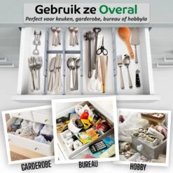 Ecowize Luxe Lade Organizer - Ladeverdeler Verstelbaar 100% Natuurlijk Bamboe - Set Van 4 Ladeverdelers, Uitschuifbaar (43cm Tot 56cm) - Eenvoudig Te Installeren Lade Verdeler Organizer Bakjes - Duurzaam Cadeau - Grijs/Wit/Natuur -Thuisopslag 1200x1200 813