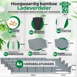 Ecowize Luxe Lade Organizer - Ladeverdeler Verstelbaar 100% Natuurlijk Bamboe - Set Van 4 Ladeverdelers, Uitschuifbaar (43cm Tot 56cm) - Eenvoudig Te Installeren Lade Verdeler Organizer Bakjes - Duurzaam Cadeau - Grijs/Wit/Natuur -Thuisopslag 1200x1200 814