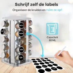 LuZana® Draaibaar Kruidenrek -RVS- Staand Met Potjes - 20 Kruidenpotjes Met Strooideksel – Incl. Labels, Krijtstift En Trechter -Thuisopslag 1200x1200 82