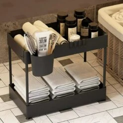 SensaHome - Gootsteenkast Organizer 2-Laags Duo - Staand Opbergrek - Multifunctioneel Keukenrek, Kruidenrek, Onderkastrek, Spoelkastrek - RVS - Zwart