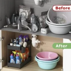 SensaHome - Gootsteenkast Organizer 2-Laags Duo - Staand Opbergrek - Multifunctioneel Keukenrek, Kruidenrek, Onderkastrek, Spoelkastrek - RVS - Zwart -Thuisopslag 1200x1200 892