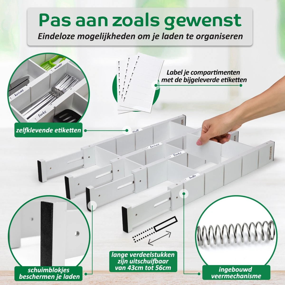 Ecowize Luxe Lade Organizer - Ladeverdeler Verstelbaar 100% Natuurlijk Bamboe - Set Van 4 Ladeverdelers, Uitschuifbaar (43cm Tot 56cm) - Eenvoudig Te Installeren Lade Verdeler Organizer Bakjes - Duurzaam Cadeau - Grijs/Wit/Natuur 7 Ecowize Luxe Lade Organizer - Ladeverdeler Verstelbaar 100% Natuurlijk Bamboe - Set Van 4 Ladeverdelers, Uitschuifbaar (43cm Tot 56cm) - Eenvoudig Te Installeren Lade Verdeler Organizer Bakjes - Duurzaam Cadeau - Grijs/Wit/Natuur - Afbeelding 5