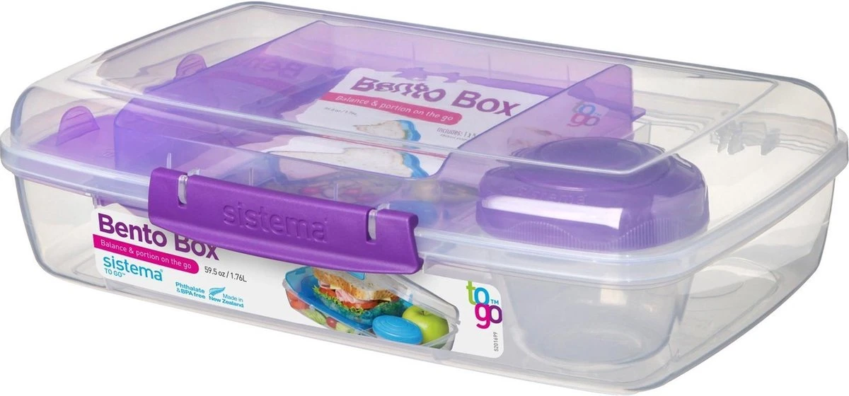 Sistema Bento Box 1.76L Met Boterhamlade - Doorzichtig/Paars 3 Sistema Bento Box 1.76L Met Boterhamlade - Doorzichtig/Paars