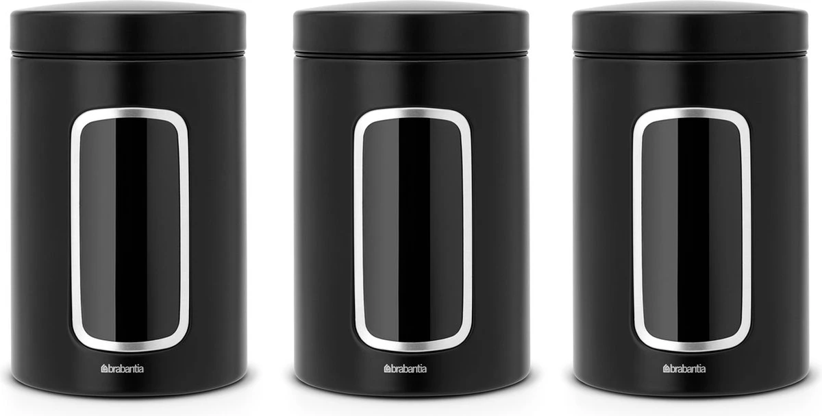 Brabantia Voorraadbussen - 1,4 L - Matt Black - 3 Stuks - Met Venster 3 Brabantia Voorraadbussen - 1,4 L - Matt Black - 3 Stuks - Met Venster