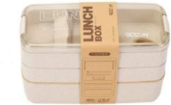 Bento Lunchbox - Lunchtrommel 900ml 3 Laags - Inclusief Bestek - Beige - Opline