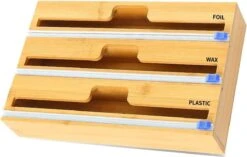 Keukenrolhouder Folie En Plastic Wrap Organizer, 3 In 1 Wrap Dispenser Met Cutter, Bamboe Roll Organisatie Opslag Houder, Aluminiumfolie, Wax Papier, Perkamentpapier, Tin Foil Dispenser Voor Lade (3in1)