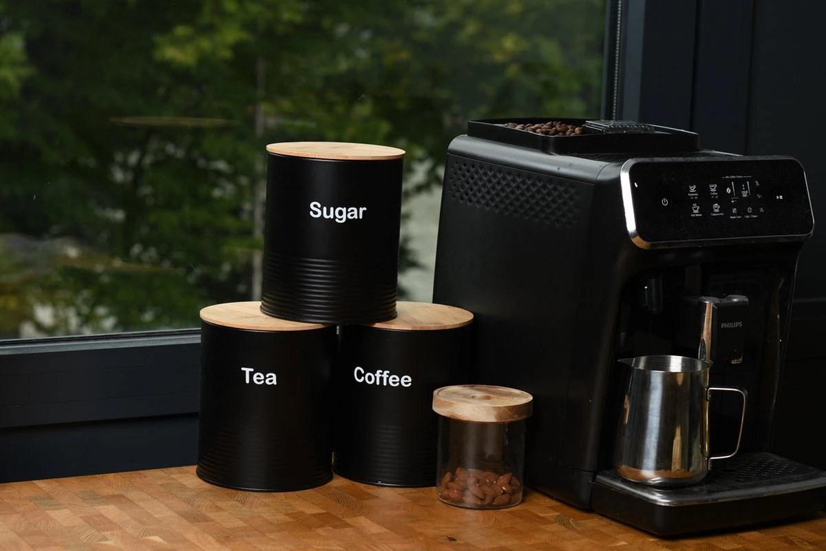 Bewaarblik - Voorraadpotten - Suikerpot - 3 Stuks - Voorraadblik - Deksel Bamboe - Luchtdict Voorraadbussen Potten - Koffie Thee Suiker - Zwart 4 Bewaarblik - Voorraadpotten - Suikerpot - 3 Stuks - Voorraadblik - Deksel Bamboe - Luchtdict Voorraadbussen Potten - Koffie Thee Suiker - Zwart - Afbeelding 2