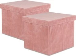 Oliva's - Opbergbox - Opbergmand Met Deksel - Opbergdoos - Opberg Poef - Set Van 2 Stuks - Velvet Ribstof - Roze