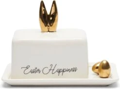 Riviera Maison Botervloot, Boterschaal Met Deksel Met Paashaas, Paasei - Easter Happiness Butter Dish - Wit/ Goud - Porselein - 1 Stuk