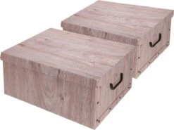 Merkloos Set Van 2x Stuks Opbergdoos/opberg Box Van Karton Met Hout Print Bruin 37 X 30 X 16 Cm - Doos Met Deksel En Handvatten