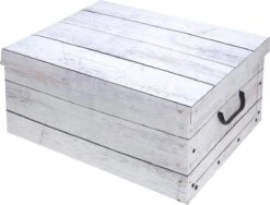 Excellent Houseware Opbergdoos/opberg Box Van Karton Met Hout Print Wit 37 X 30 X 16 Cm - Doos Met Deksel En Handvatten