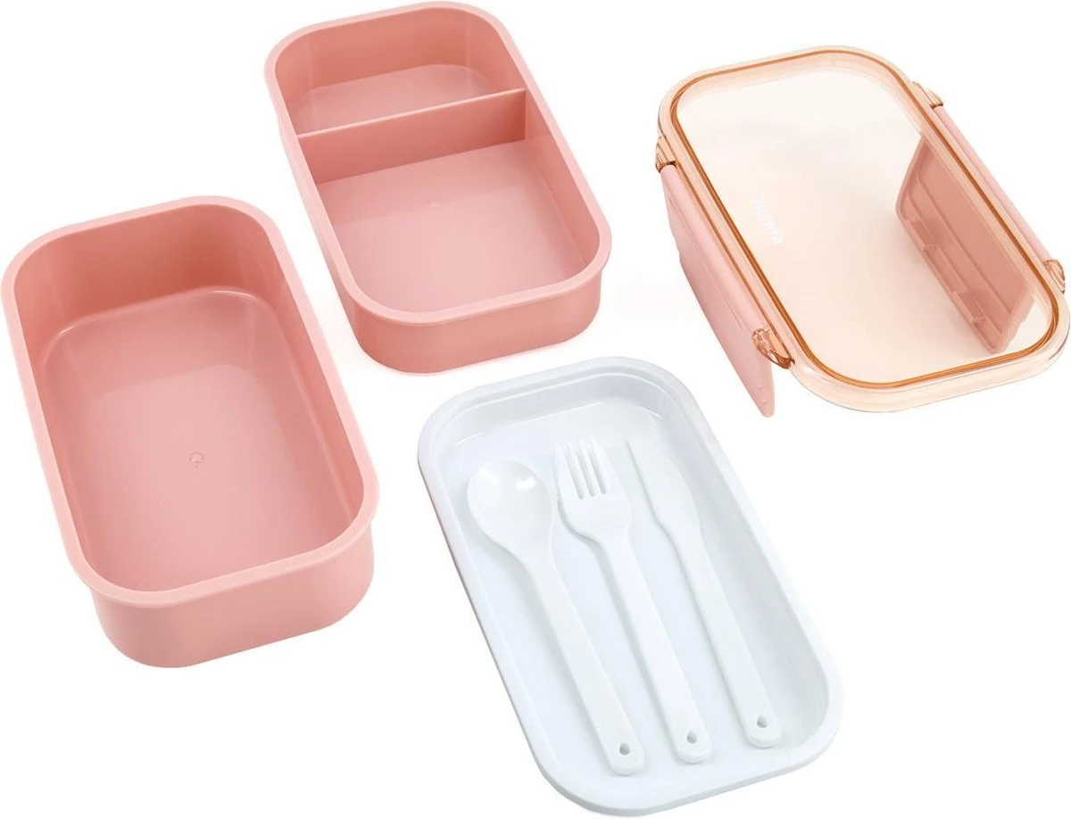 Homra Lunchbox STAQS Pink - Bento Box - 2 Laags Broodtrommel - 3 Compartimenten - Roze - Lunch To Go - Duurzaam Kunststof - BPA Vrij - 3 Vaks Lunchtrommel Voor Volwassenen - Inclusief Bestek - Magnetron, Diepvries, Vaatwasser Bestendig - Vers Houden 4 Homra Lunchbox STAQS Pink - Bento Box - 2 Laags Broodtrommel - 3 Compartimenten - Roze - Lunch To Go - Duurzaam Kunststof - BPA Vrij - 3 Vaks Lunchtrommel Voor Volwassenen - Inclusief Bestek - Magnetron, Diepvries, Vaatwasser Bestendig - Vers Houden - Afbeelding 2