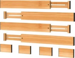Smartzo - Ladeverdeler - Lade Organizer – Bamboe Ladeverdelers Uitschuifbaar – Bestekbak - Verstelbare Opbergbak - 4 Stuks + 4 Schotjes - Hout