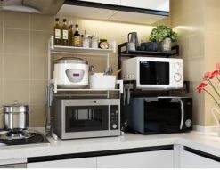 TammaT - Magnetronkast - Keukenrek - Magnetron Bovenkast - Ovenkast - Kruidenrek - Dubbel Laags Keukenkast Voor Boven Magnetron - Breedte Verstelbaar Magnetron Kast - Magnetron Rek - Metaal - Mat Zwart -Thuisopslag 1200x928 1