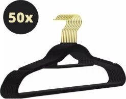Merkloos YT Home - 50 Anti-slip Suede Kleerhangers - Dunne Kledinghangers Met Fluweel - Zwart En Goud - Gouden Draaibare Metalen Haak