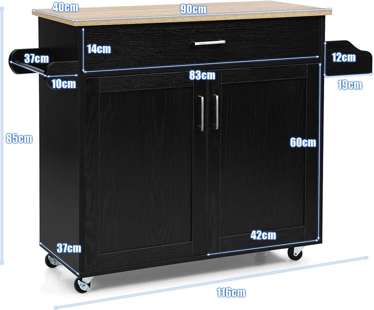 Keukeneiland Serveerwagen, Rollende Keukenwagen Met Vergrendelbare Rubberen Wielen, Grote Kast, Lade, Kruidenrek En Handdoekrek, 3-positie Verstelbare Plank, Keukentrolley, 116 X 40 X 85 Cm (Zwart) 4 Keukeneiland Serveerwagen, Rollende Keukenwagen Met Vergrendelbare Rubberen Wielen, Grote Kast, Lade, Kruidenrek En Handdoekrek, 3-positie Verstelbare Plank, Keukentrolley, 116 X 40 X 85 Cm (Zwart) - Afbeelding 2