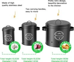Professionele Bewaardozen - Set Van 3 - Voor Aardappels, Uien En Knoflook - Retro Design - Voorraadcontainer Van Metaal - Keukenopslag - Groentes Bewaren Voor Lange Tijd - Perfect Cadeau Voor In De Keuken -Thuisopslag 1200x999