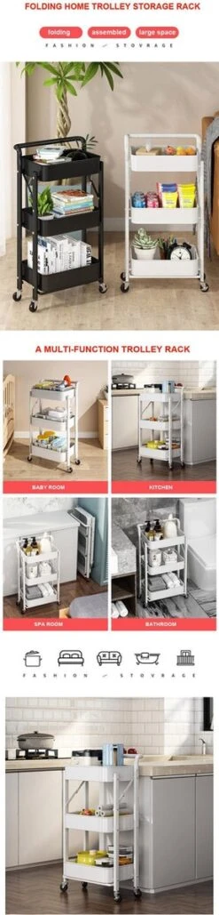 Inklapbare Keukentrolley - Keukentrolley Op Wieltjes - Serveerwagen - Keuken Trolley Metaal - Zwart - 89,5*44*30cm -Thuisopslag 288x1200