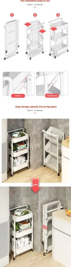 Inklapbare Keukentrolley - Keukentrolley Op Wieltjes - Serveerwagen - Metaal - Wit - 89,5*44*30cm -Thuisopslag 322x1200