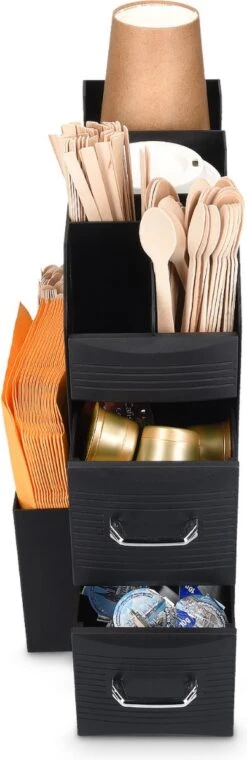 Navaris Koffie En Thee Organizer - Met Bakjes Voor Capsules, Suiker, Melk En Theezakjes - Inclusief Cuphouder - Zwart -Thuisopslag 390x1200