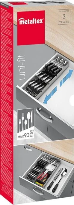 Tomado Metaltex - Verstelbare Bestekbak UniFit - Grijs - 90 Stukken Servies - Sorteervakken Verstelbaar & Uitschuifbaar Van 40 Tot 49 Cm -Thuisopslag 438x1200
