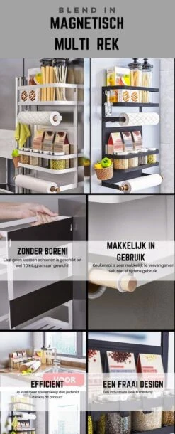 Magnetisch Multifunctioneel Rek - Magnetisch Keukenrek - Zwart & Hout - Ophangen Zonder Boren - 2-laags Met Magneten En Schroefjes - Wandgemonteerde KeukenRolhouder - Magnetisch Koelkastrek - Magnetisch Wasmachine Rek - Kruidenrek