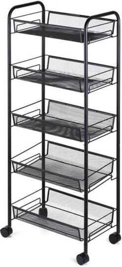 Buxibo Opbergrek 5 Laags Op Wieltjes Met Open Vakken - Opberg Rek Organizer Voor Keuken / Badkamer - Nisrek - Verrijdbare Ruimtebesparende Opbergkast Keuken / Badkamer Kast - Opbergrekje Met Wielen - Zwart -Thuisopslag 547x1200 1