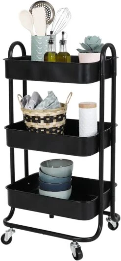 Multifunctionelle Trolley - Zwart - Kast Op Wieltjes – Kar Op Wielen – 3-laagse Kast – Bakkerskast – Stellingkast – Rolkast – Keukentrolley – Serveerwagen – Keukentrolley Op Wieltjes – Badkamertrolley H85xB34xL45 CM -Thuisopslag 556x1200 2