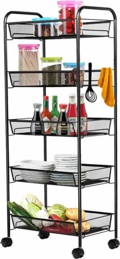 Buxibo Opbergrek 5 Laags Op Wieltjes Met Open Vakken - Opberg Rek Organizer Voor Keuken / Badkamer - Nisrek - Verrijdbare Ruimtebesparende Opbergkast Keuken / Badkamer Kast - Opbergrekje Met Wielen - Zwart