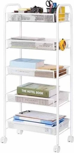 Buxibo Opbergrek 5 Laags Op Wieltjes Met Open Vakken - Opberg Rek Organizer Voor Keuken / Badkamer - Nisrek - Verrijdbare Ruimtebesparende Opbergkast Keuken / Badkamer Kast - Opbergrekje Met Wielen - Wit