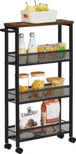 Serveerwagen, Verrijdbaar Keukenrek, Smal, Keukenwagen, Verrijdbare Trolley, 360° Zwenkwielen, Metalen Frame, Voor Keuken, Woonkamer, Kantoor Aan Huis, Vintage Bruin-zwart -Thuisopslag 589x1200 1