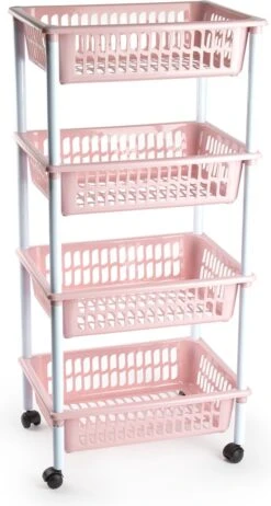 Opberger/organiser Trolley/roltafel Met 4 Manden 85 Cm Oud Roze - Etagewagentje/karretje Met Opbergkratten