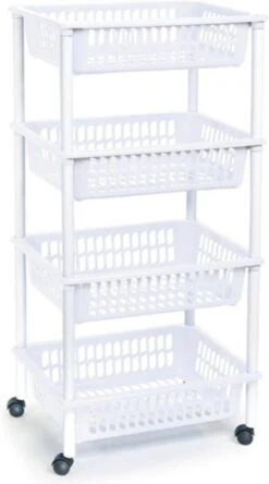 Witte Opberg Trolleys/roltafels Met 4 Manden 85 Cm - Etagewagentje/karretje Met Opbergkratten