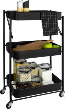 QUVIO Keukentrolley Opvouwbaar - Keukentrolley Op Wieltjes - Kast Op Wieltjes - Opbergrek - Bakkerskast - Rolkast - Stellingkast - Serveerwagen - Badkamertrolley - 3 Lagen - Metaal - 30 X 45 X 77 Cm (lxbxh) - Zwart