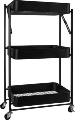 QUVIO Keukentrolley Opvouwbaar - Keukentrolley Op Wieltjes - Kast Op Wieltjes - Opbergrek - Bakkerskast - Rolkast - Stellingkast - Serveerwagen - Badkamertrolley - 3 Lagen - Metaal - 30 X 45 X 77 Cm (lxbxh) - Zwart -Thuisopslag 751x1200