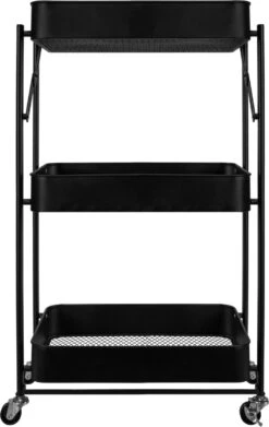 QUVIO Keukentrolley Opvouwbaar - Keukentrolley Op Wieltjes - Kast Op Wieltjes - Opbergrek - Bakkerskast - Rolkast - Stellingkast - Serveerwagen - Badkamertrolley - 3 Lagen - Metaal - 30 X 45 X 77 Cm (lxbxh) - Zwart -Thuisopslag 758x1200