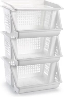 3x Witte Opberg Kratten/kasten/organizers 62 Cm - Stapelkratten - Stapelbare Manden/bakken Om Spullen In Op Te Bergen