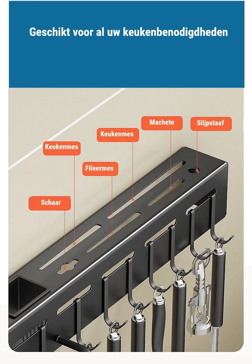 Premium Keukenrek – Keukenrek Hangend – Messenrek - Wandrek - Keukenrek Hangend Met Of Zonder Boren – Keukengerei Rek – Ophangbaar Keukenrek - Met Of Zonder Boren – Keuken Organizer - Incl. GRATIS Lijm 5 Premium Keukenrek – Keukenrek Hangend – Messenrek - Wandrek - Keukenrek Hangend Met Of Zonder Boren – Keukengerei Rek – Ophangbaar Keukenrek - Met Of Zonder Boren – Keuken Organizer - Incl. GRATIS Lijm - Afbeelding 3