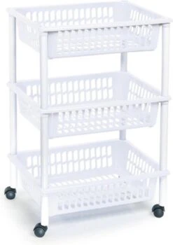 Opberg Trolley/roltafel/organizer Met 3 Manden 40 X 30 X 61,5 Cm Wit/wit - Etagewagentje/karretje Met Opbergkratten