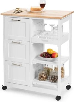 LUXGOODS Keukentrolley Kar, Serveerwagen Met Rubberen Houten Blad En Dennenhouten Poten, Rollende Opbergkast, Keukenwagen Keukeneiland Met Lade, 2 Verdiepingen Opbergplank En 3 Grote Laden (Wit)