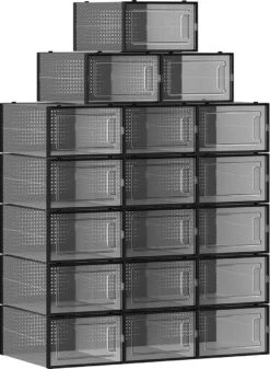 Songmics Schoendozen, Set Van 18, Opbergdozen Voor Schoenen, Schoen Organizer, Plastic Dozen, Opvouwbaar En Stapelbaar, Voor Schoenen Tot Maat 42, Transparant Zwart LSP18SBKV1